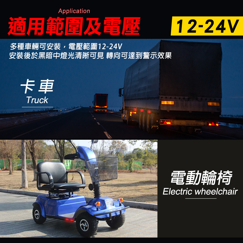 Application適用範圍及電壓多種車輛可安裝,電壓範圍12-24V安裝後於黑暗中燈光清晰可見 轉向可達到警示效果卡車Truck12-24V電動輪椅Electric wheelchair