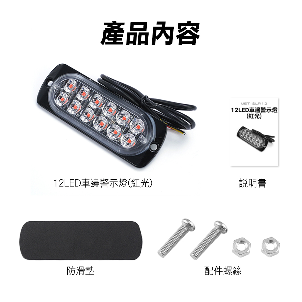 產品內容MET-SLR1212LED車邊警示燈(紅光)12LED車邊警示燈(紅光)說明書防滑墊配件螺絲