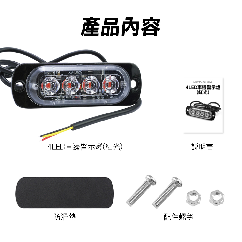 產品內容MET-SLR44LED車邊警示燈(紅光)4LED車邊警示燈(紅光)說明書防滑墊配件螺絲
