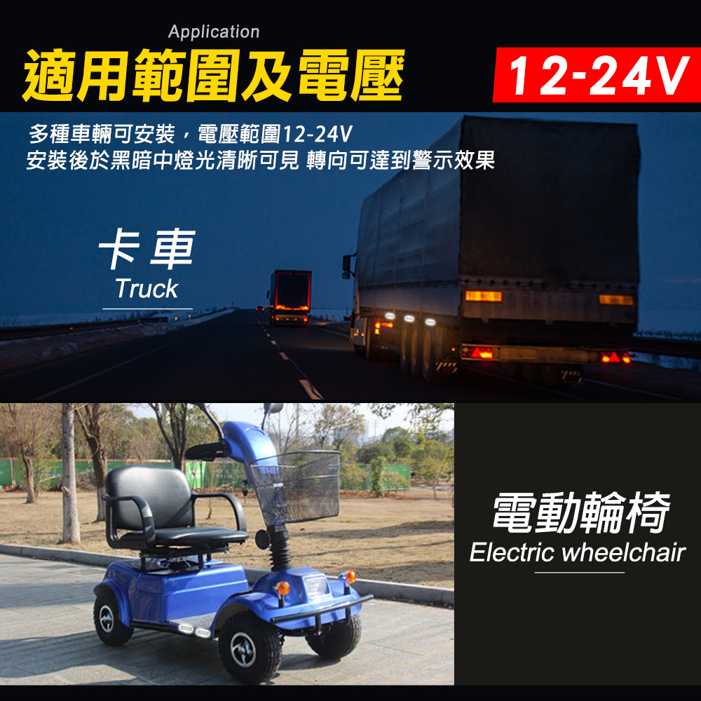 Application適用範圍及電壓多種車輛可安裝,電壓範圍12-24V安裝後於黑暗中燈光清晰可見 轉向可達到警示效果卡車Truck12-24V電動輪椅Electric wheelchair