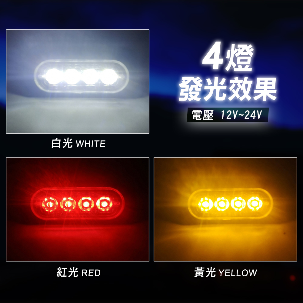 白光 WHITE4燈發光效果電壓 12V~24V紅光 RED黃光 YELLOW
