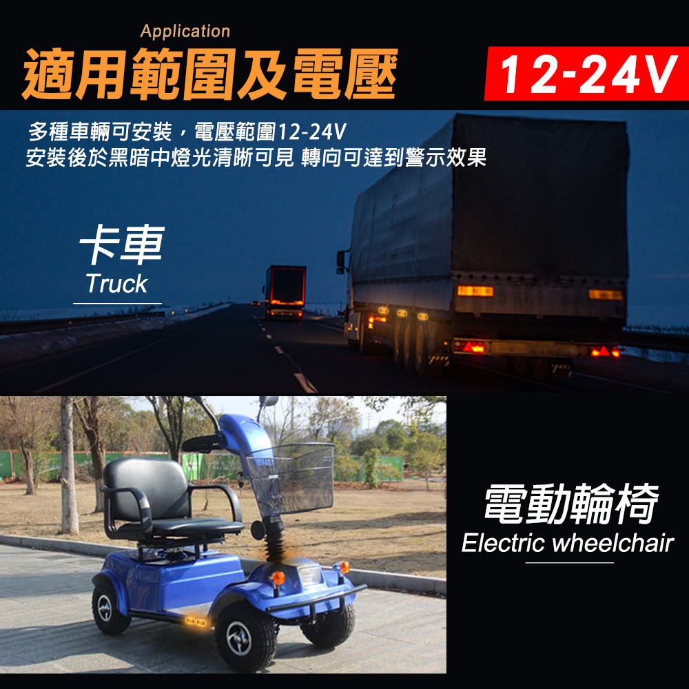 Application適用範圍及電壓多種車輛可安裝,電壓範圍12-24V安裝後於黑暗中燈光清晰可見 轉向可達到警示效果卡車Truck12-24V電動輪椅Electric wheelchair